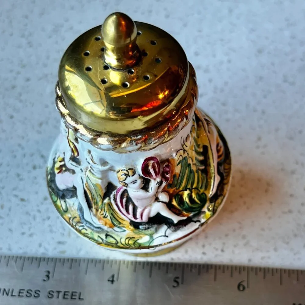 Capodimonte Ceramic & Brass Salt Shaker & Pepper Mill